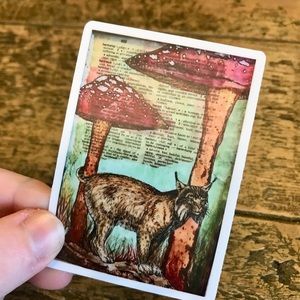 NEW Whimsical Woodland Bobcat & Mushrooms Sticker